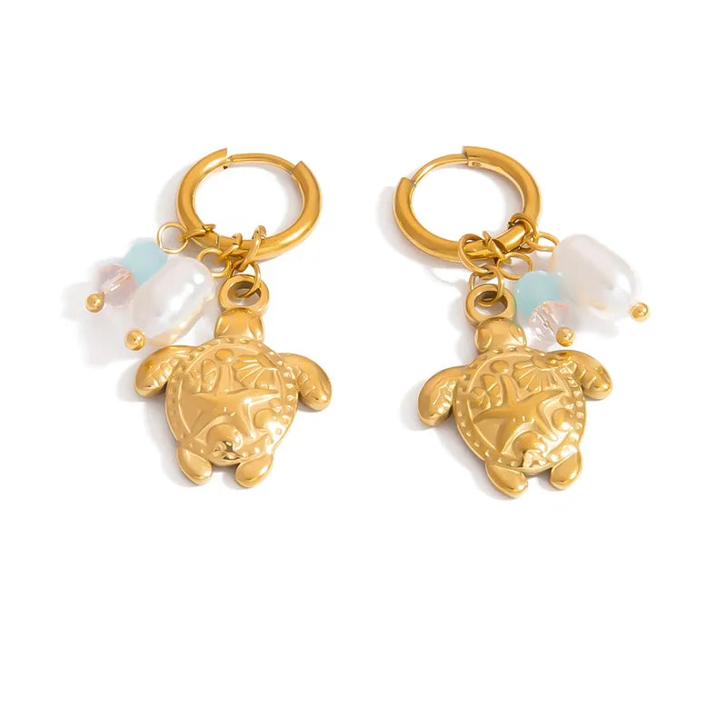 304 Stainless Steel Imitation Pearl Glass Tortoise Pearl PVD Coated Stone-Free 18K Real Gold Plated Earrings