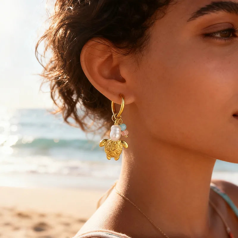 304 Stainless Steel Imitation Pearl Glass Tortoise Pearl PVD Coated Stone-Free 18K Real Gold Plated Earrings