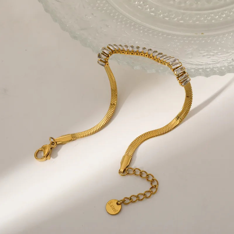 304 Stainless Steel Irregular Geometric Vacuum Electroplating (In Furnace) Plated 14K Real Gold Zircon Flat Snake Chain Gold Pure Chain Bracelet