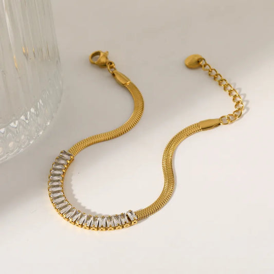 304 Stainless Steel Irregular Geometric Vacuum Electroplating (In Furnace) Plated 14K Real Gold Zircon Flat Snake Chain Gold Pure Chain Bracelet