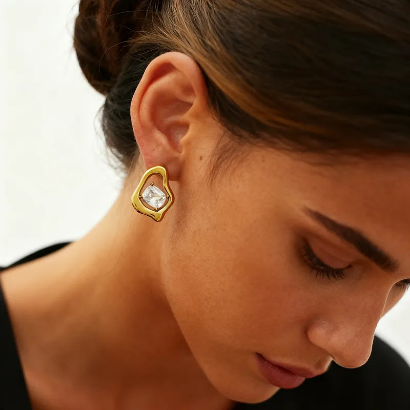 304 Stainless Steel Ladies 18k Gold Plated Zircon Asymmetric Earrings Jewelry Accessories Holiday Gifts