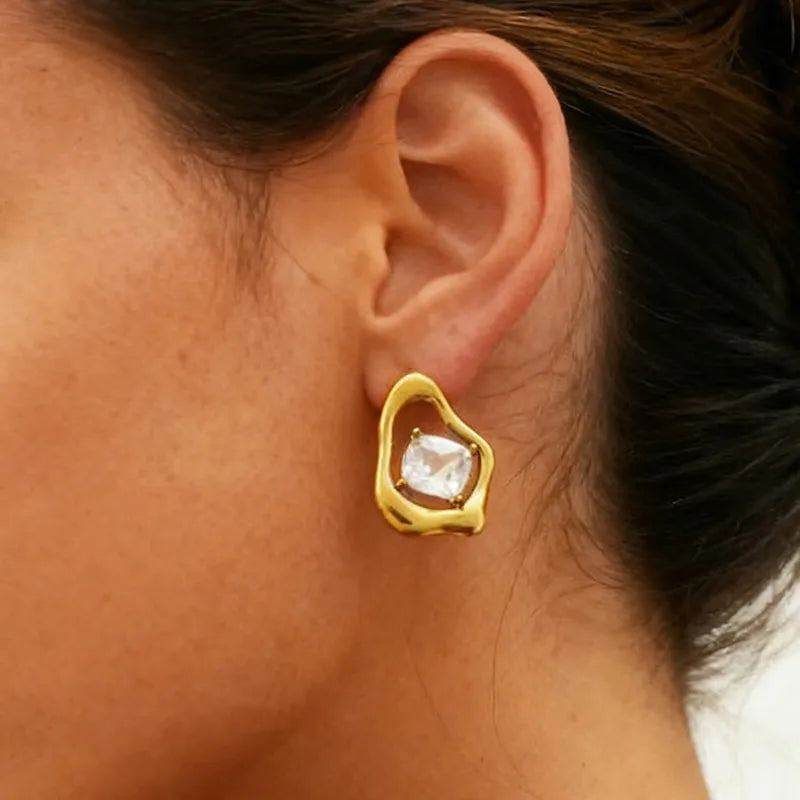 304 Stainless Steel Ladies 18k Gold Plated Zircon Asymmetric Earrings Jewelry Accessories Holiday Gifts