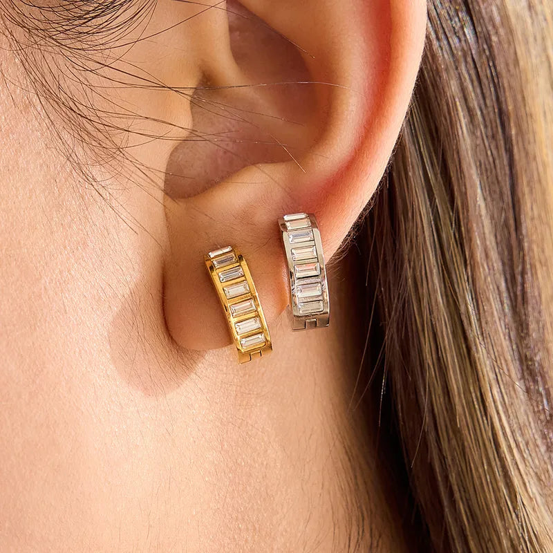 304 Stainless Steel Rhinestone Round Earrings Jewelry For Women, Earrings, Vacuum Electroplated 18K Real Gold, Simple Style, Classic Design, Waterproof, Non-Fading