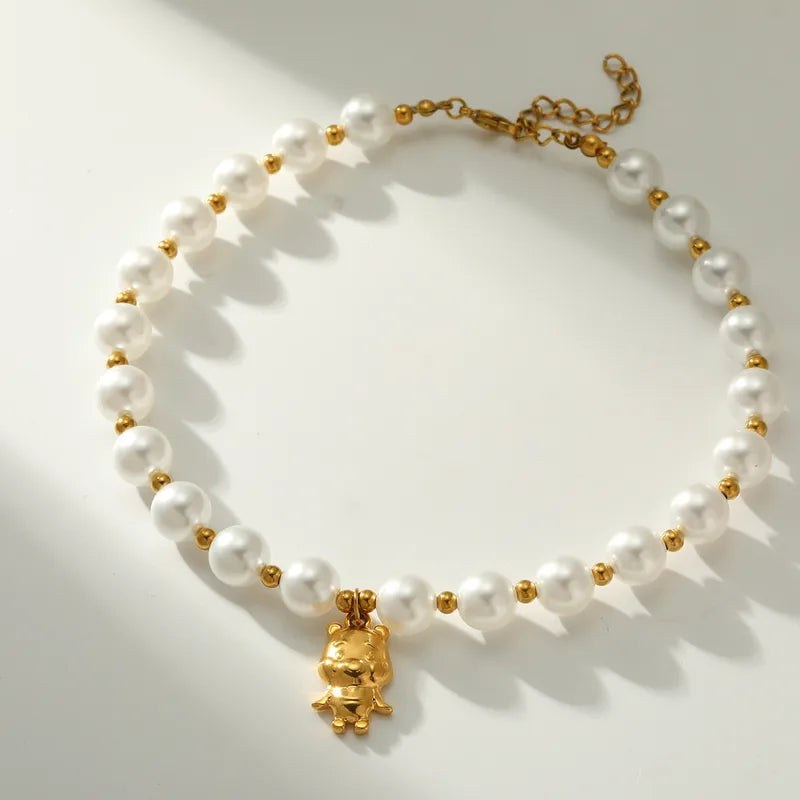 304 Stainless Steel Round Vacuum Electroplating (In Furnace) Plated 18K Real Gold Artificial Pearl Bear Necklace