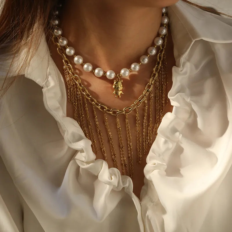 304 Stainless Steel Round Vacuum Electroplating (In Furnace) Plated 18K Real Gold Artificial Pearl Bear Necklace