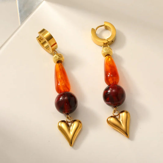 304 Stainless Steel Round Water Drop Heart Shape Vacuum Electroplating (In Furnace) Plated 18K Real Gold Resin Vintage Brown Gold Earrings