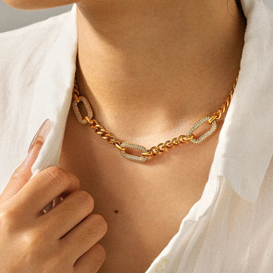 304 Stainless Steel Vacuum Electroplating (In Furnace) Inlaid Zircon O-shaped Necklace Plated 18K Gold Women's Gold Clavicle Chain