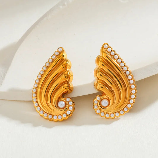 304 Stainless Steel Vacuum Electroplating (In Furnace) Plated 18K Real Gold Artificial Pearl Wing Earrings