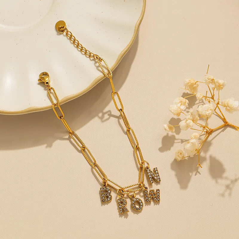 304 Stainless Steel Vacuum Electroplating (In Furnace) Zircon Point Drill Letter Multi Pendant Bracelet Lobster Clasp Paperclip Chain Unisex