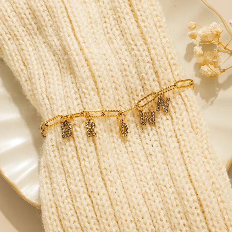 304 Stainless Steel Vacuum Electroplating (In Furnace) Zircon Point Drill Letter Multi Pendant Bracelet Lobster Clasp Paperclip Chain Unisex