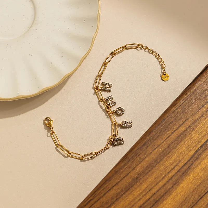 304 Stainless Steel Vacuum Electroplating (In Furnace) Zircon Point Drill Letter Multi Pendant Bracelet Lobster Clasp Paperclip Chain Unisex