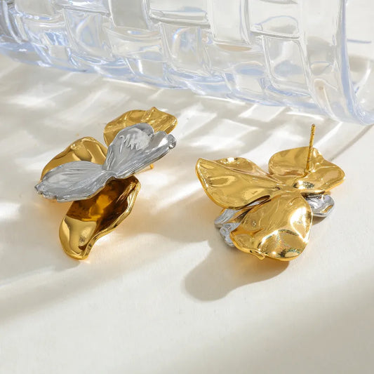304 Stainless Steel Vacuum Plating (In-Furnace) 18K Real Gold Plated Petal Vintage Simple Style Mixed Color (Jewelry Metal Contrast Color) Earrings