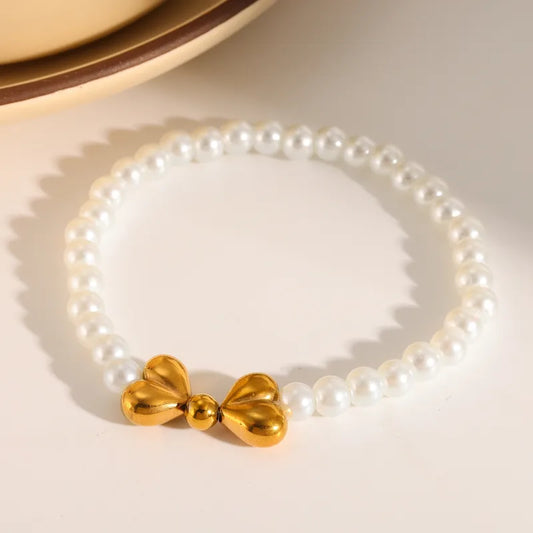 304 Stainless Steel Vacuum Plating (In Furnace) Plated 18K Real Gold Imitation Pearl Heart Shape No Inlay Material Luxury Classic Bracelet