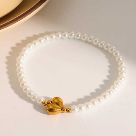 304 Stainless Steel Vacuum Plating (In Furnace) Plated 18K Real Gold Imitation Pearl Heart Shape No Inlay Material Luxury Classic Bracelet