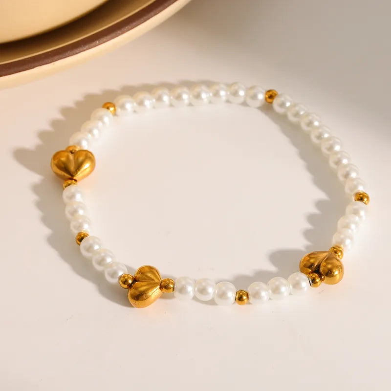 304 Stainless Steel Vacuum Plating (In Furnace) Plated 18K Real Gold Imitation Pearl Heart Shape No Inlay Material Luxury Classic Bracelet