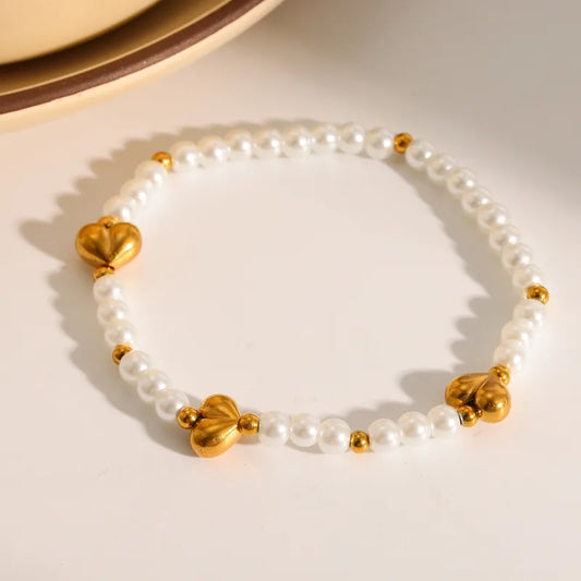 304 Stainless Steel Vacuum Plating (In Furnace) Plated 18K Real Gold Imitation Pearl Heart Shape No Inlay Material Luxury Classic Bracelet