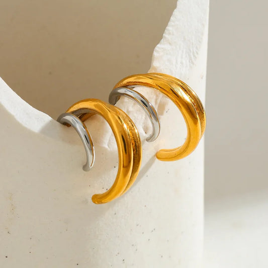 304 Stainless Steel Vacuum Plating (In Furnace) Plated 18K Real Gold Vintage Minimalist Style Mixed Color (Jewelry Metal Contrast Color) C-shaped Stud Earrings