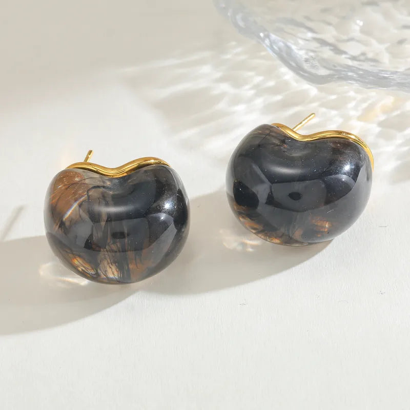 304 Stainless Steel Water Plated 18K Real Gold C-shaped Earrings Casual Cute Basic Style Inlaid Gray Black Gold Women