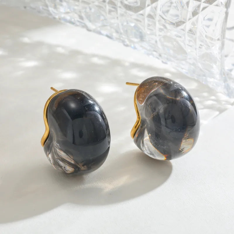 304 Stainless Steel Water Plated 18K Real Gold C-shaped Earrings Casual Cute Basic Style Inlaid Gray Black Gold Women