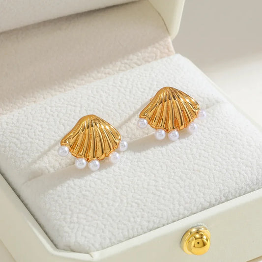 304 Stainless Steel Water Plated 18K Real Gold Conch Shell Inlaid With Artificial Pearl Zircon Casual Cute Basic Style (Simple Style) Earrings
