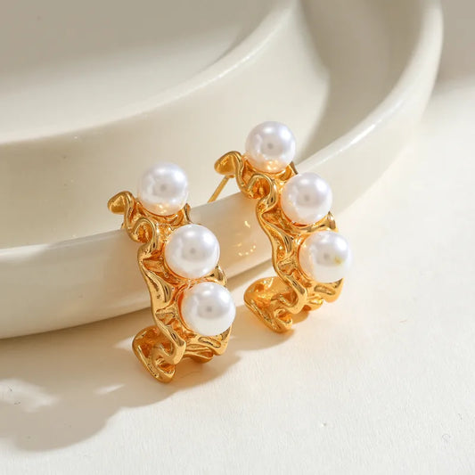 304 Stainless Steel Water Plated 18K Real Gold Geometric Inlaid Pearl Stud Earrings Casual Cute Basic Sweet Female Style