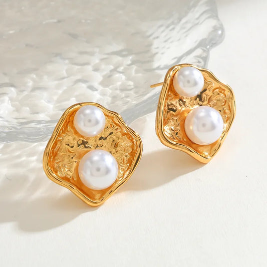 304 Stainless Steel Water Plated 18K Real Gold Geometric Inlaid Pearl Stud Earrings Casual Cute Basic Sweet Female Style