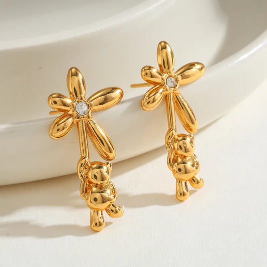 304 Stainless Steel Water Plated 18K Real Gold Zircon Flower Inlaid Earrings Sweet Cute Daily Casual Basic Style For Women