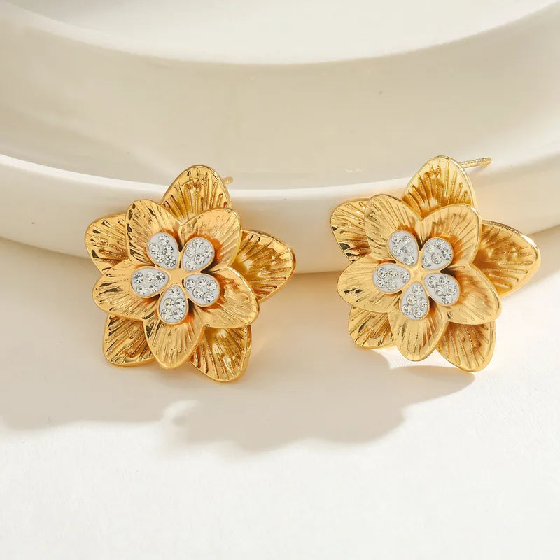 304 Stainless Steel Water Plated 18K Real Gold Zircon Flower Inlaid Earrings Sweet Cute Daily Casual Basic Style For Women