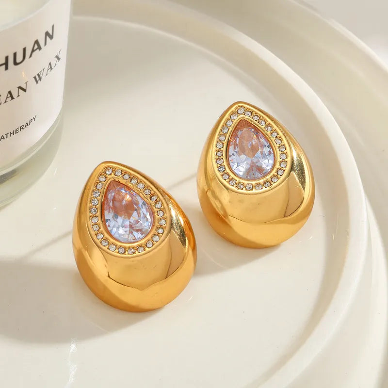 304 Stainless Steel Water Plated 18K Real Gold Zircon Water Drop Shaped Inlaid Cute Casual Stud Earrings