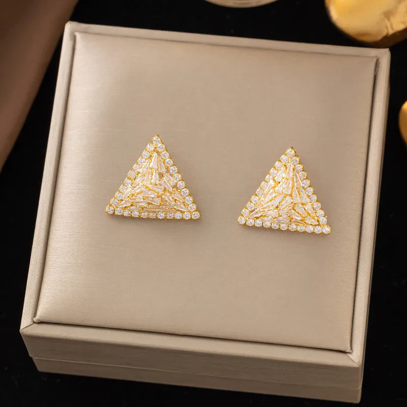 316 Stainless Steel Copper Triangle Electroplated Zircon Elegant Simple Style Ear Studs