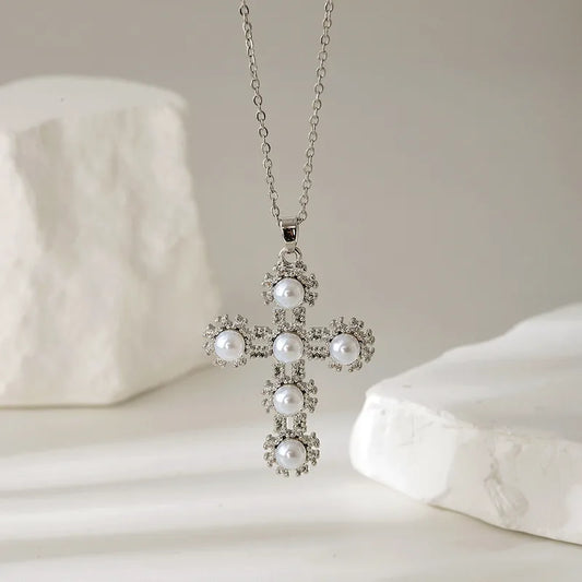 Trendy Geometric Diamond Embedded Necklace Luxury Fashion Women's Cross Pendant Clavicle Chain Copper Material Gold Plated