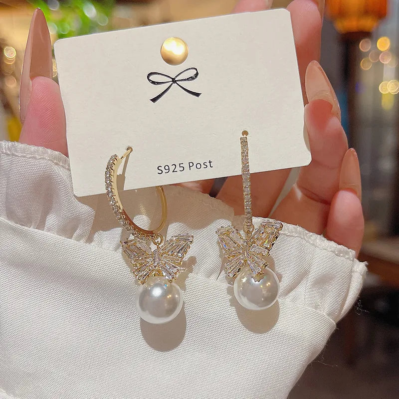 925 Sterling Silver Butterfly Pearl Earrings Silver Shiny Zircon Women's Hook Earrings Jewelry Design