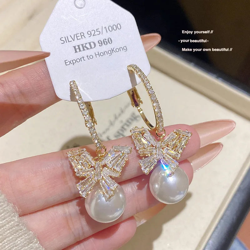 925 Sterling Silver Butterfly Pearl Earrings Silver Shiny Zircon Women's Hook Earrings Jewelry Design