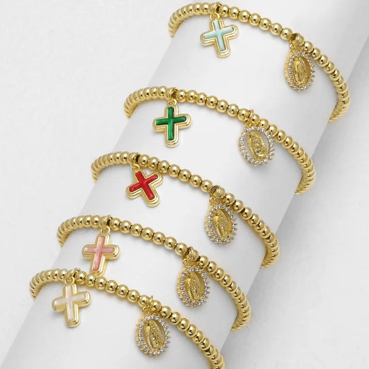 AS Jewelry Hot Selling Copper Plated 18k Gold Religious Virgin Mary Cross Pendant Bracelet Bangle Brj39