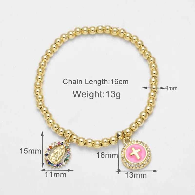 AS Jewelry Hot-Selling Gold-Plated Oil-Drip Cross Virgin Mary Bracelet 4mm Beads Bracelet Jewelry Brj67