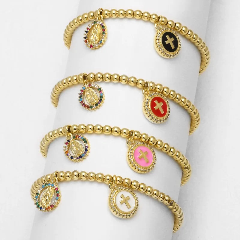 AS Jewelry Hot-Selling Gold-Plated Oil-Drip Cross Virgin Mary Bracelet 4mm Beads Bracelet Jewelry Brj67