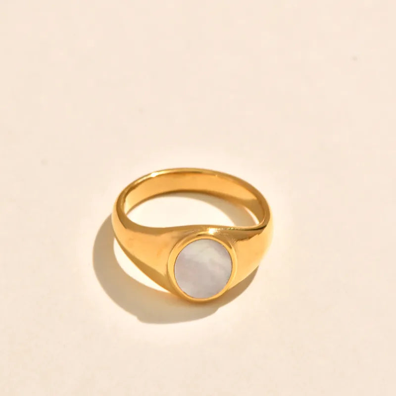 Abstract Sea Gull Inlaid Zircon Titanium Steel 18K Gold Plated White Mother Of Pearl Ring Elegant Vintage Simple Style For Women