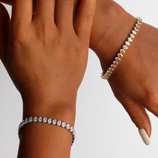 Adjustable French Style Full Drill 5mm Oval Zircon Single Row Women's Bracelet Elegant Travel Jewelry Stainless Steel 18K Gold Plated