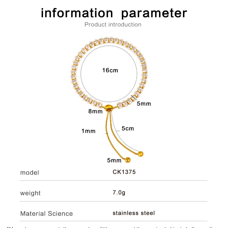 Adjustable French Style Full Drill 5mm Oval Zircon Single Row Women's Bracelet Elegant Travel Jewelry Stainless Steel 18K Gold Plated