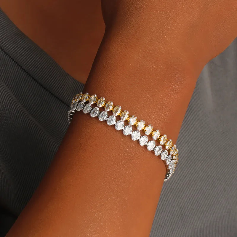 Adjustable French Style Full Drill 5mm Oval Zircon Single Row Women's Bracelet Elegant Travel Jewelry Stainless Steel 18K Gold Plated