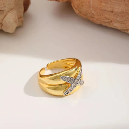Adjustable Open Ring Copper Plated X-Shaped Design 18K Gold Plated Holiday Outdoor Selfie Gold Color Unisex Basic Style