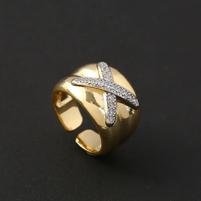 Adjustable Open Ring Copper Plated X-Shaped Design 18K Gold Plated Holiday Outdoor Selfie Gold Color Unisex Basic Style