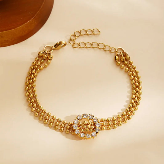 Adjustable Stainless Steel Beaded Bracelet Elegant Vintage Pig Nose Design Full Of Sparkling Crystals For Ladies Casual To Formal Wear