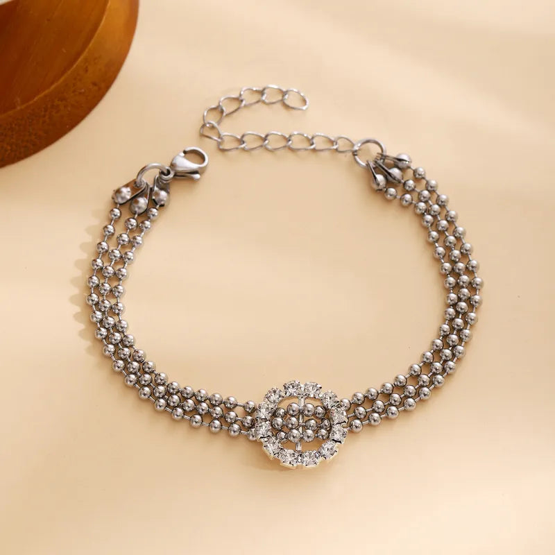 Adjustable Stainless Steel Beaded Bracelet Elegant Vintage Pig Nose Design Full Of Sparkling Crystals For Ladies Casual To Formal Wear