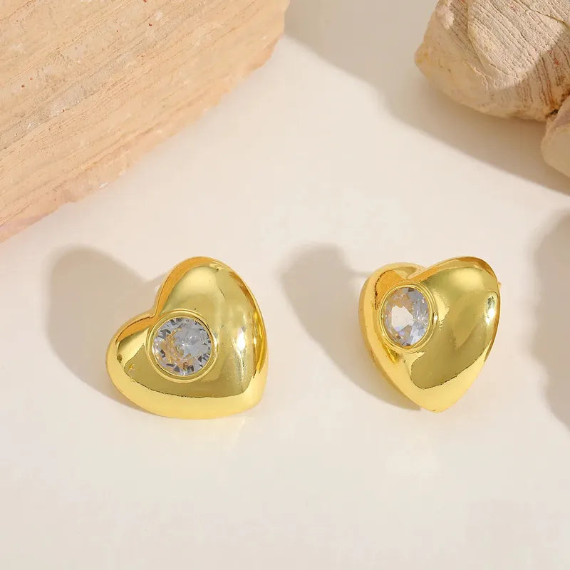 Basic Style Copper Plated Imitation Gold Embedded Zirconia Stud Earrings Elegant Simple Design For Daily Wear Holiday And Weekend