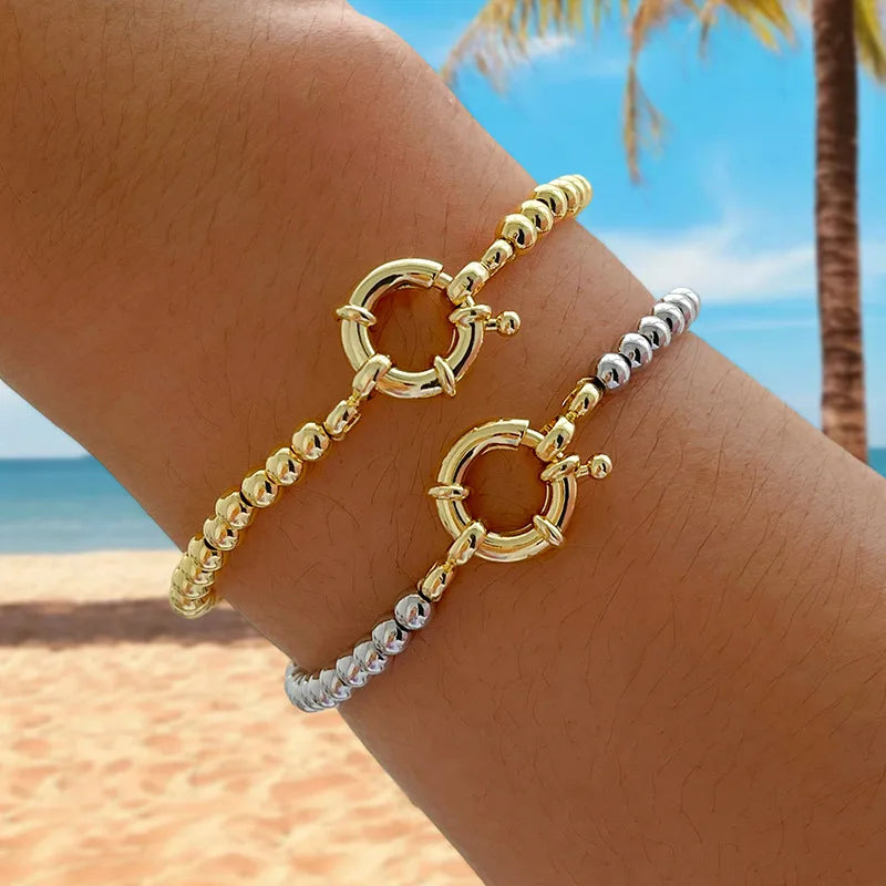 Beach Style Extendable Hand Cord Women's Fashion Jewelry Pearl And Rhinestone Round Ring Buckle Design Simple Alloy Clasp Bracelet