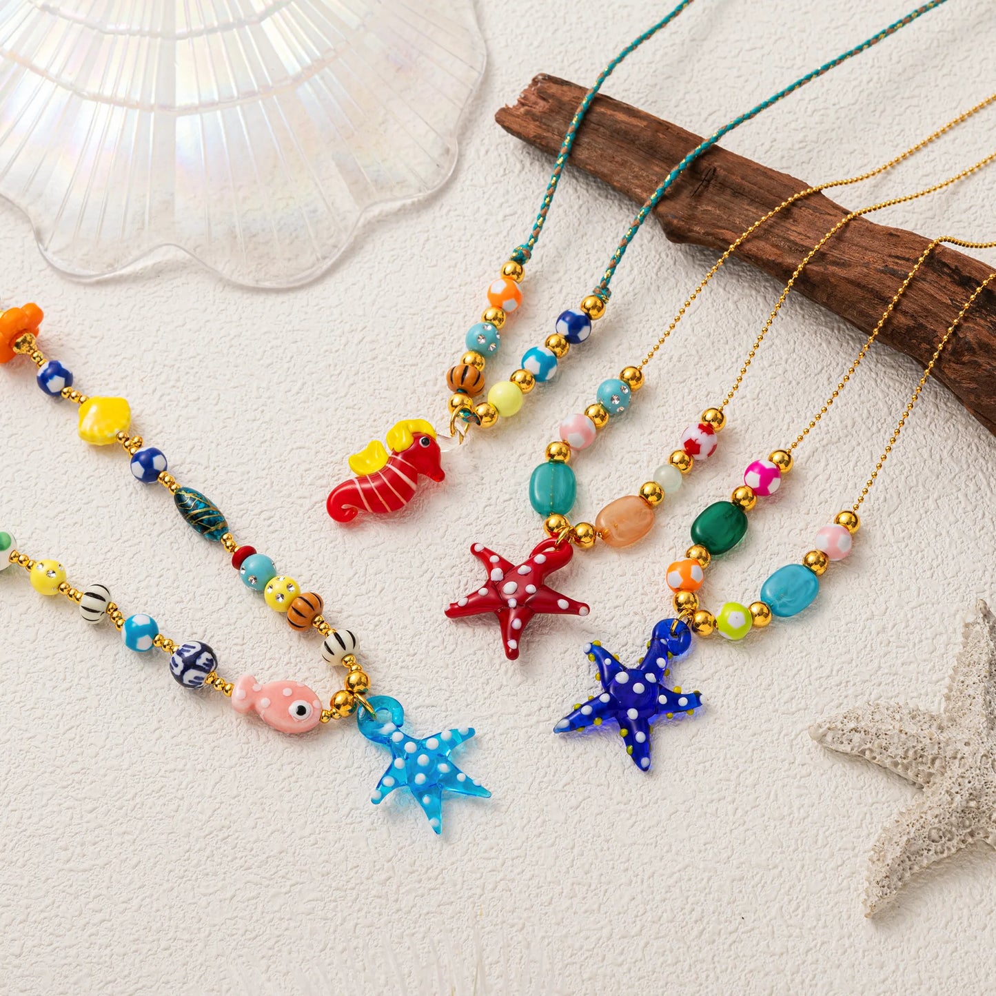 Beachy Elements Fresh Cute Ins Style Murano Glass Necklace Sea Star Sea Horse Small Fish Accessories Gold Plated Round Pendant Women's Jewelry Casual Beach Style