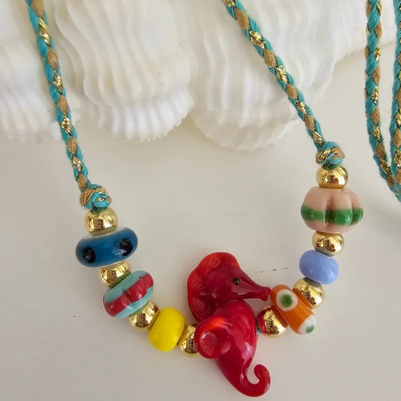 Beachy Elements Fresh Cute Ins Style Murano Glass Necklace Sea Star Sea Horse Small Fish Accessories Gold Plated Round Pendant Women's Jewelry Casual Beach Style