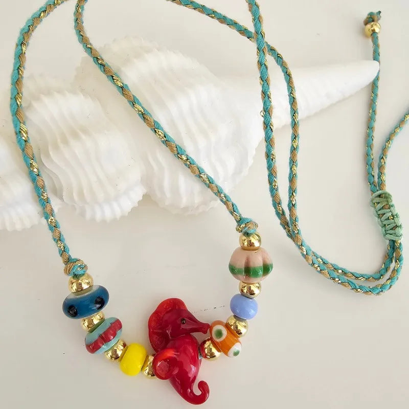 Beachy Elements Fresh Cute Ins Style Murano Glass Necklace Sea Star Sea Horse Small Fish Accessories Gold Plated Round Pendant Women's Jewelry Casual Beach Style