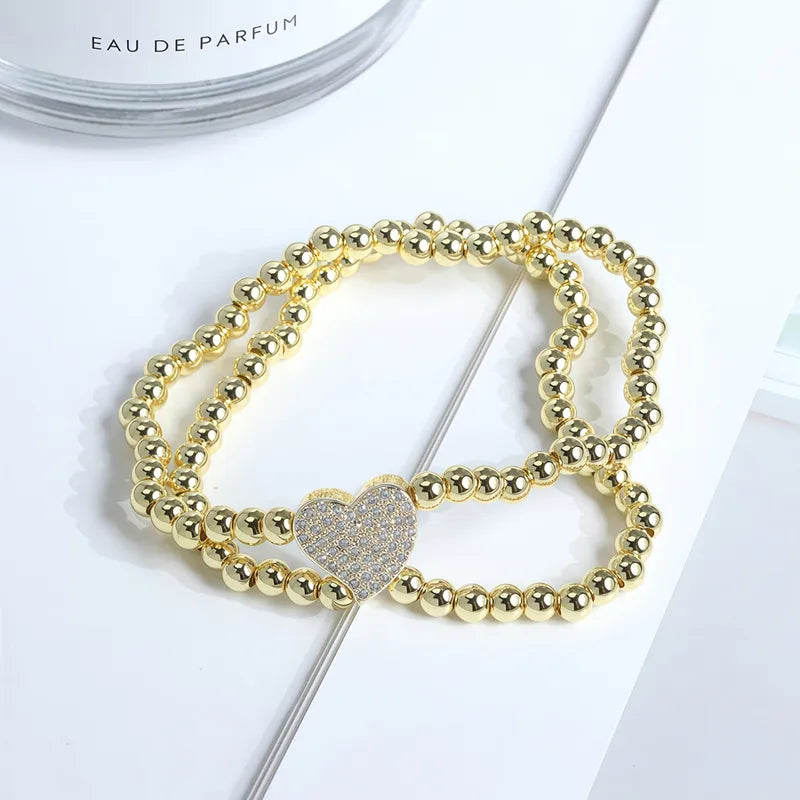 Beaded Layered Bracelet Inlaid With Zircon Heart-shaped Pentagram Gold Silver Copper Beads Elastic Bracelet Jewelry Plated With 18K Real Gold Vacuum Electroplating
